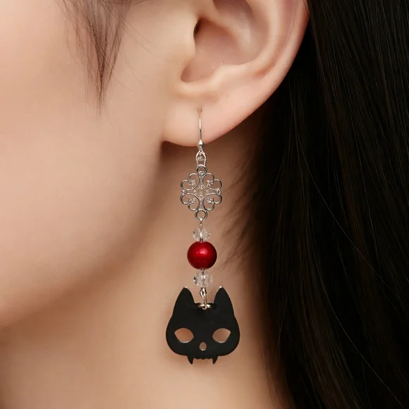 Vampire Cat 2.5" Dangle Earrings Handmade with Blood Red Accent Bead & Crystals. - Picture 1 of 5